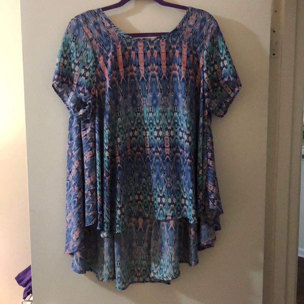 multicolored, high low, flowy blouse